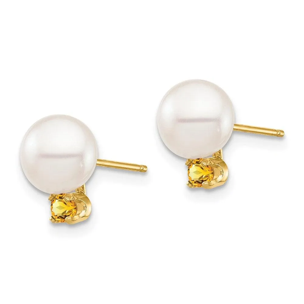 14K 7-7.5mm White Round Freshwater Cultured Pearl Citrine Post Earrings