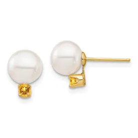 14K 7-7.5mm White Round Freshwater Cultured Pearl Citrine Post Earrings