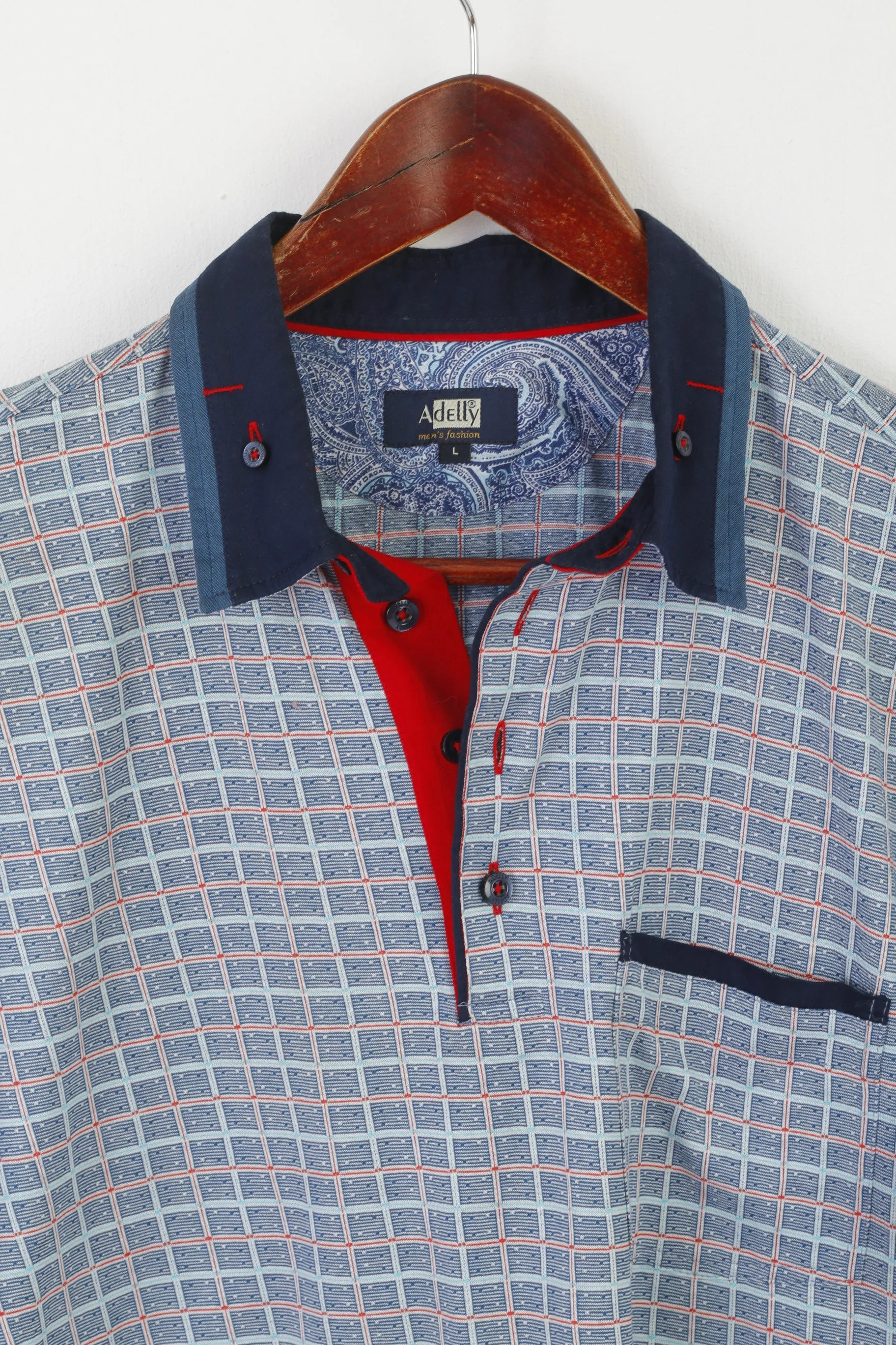 Adelly Men L Polo Shirt Blue Cotton  Check Pocket Detailed Buttons Classic Top