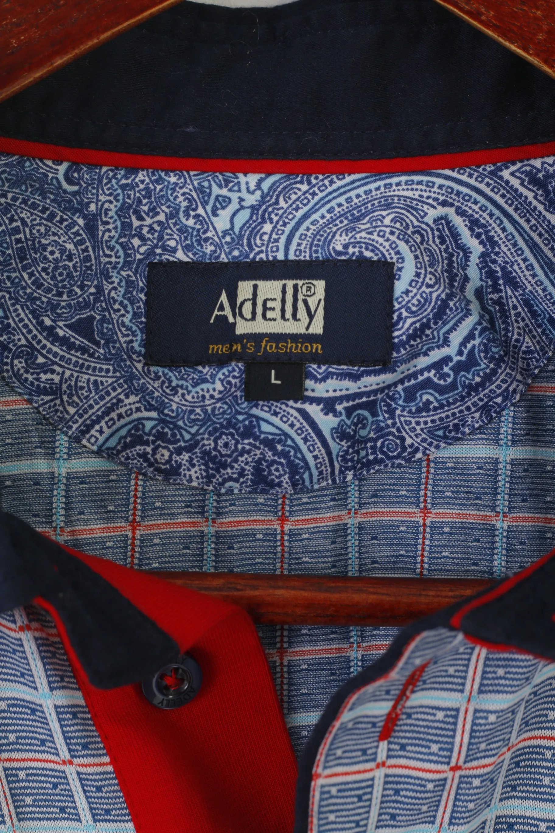 Adelly Men L Polo Shirt Blue Cotton  Check Pocket Detailed Buttons Classic Top