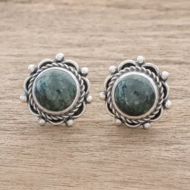 Antigua Sun Dark Green Jade Button Earrings from Guatemala