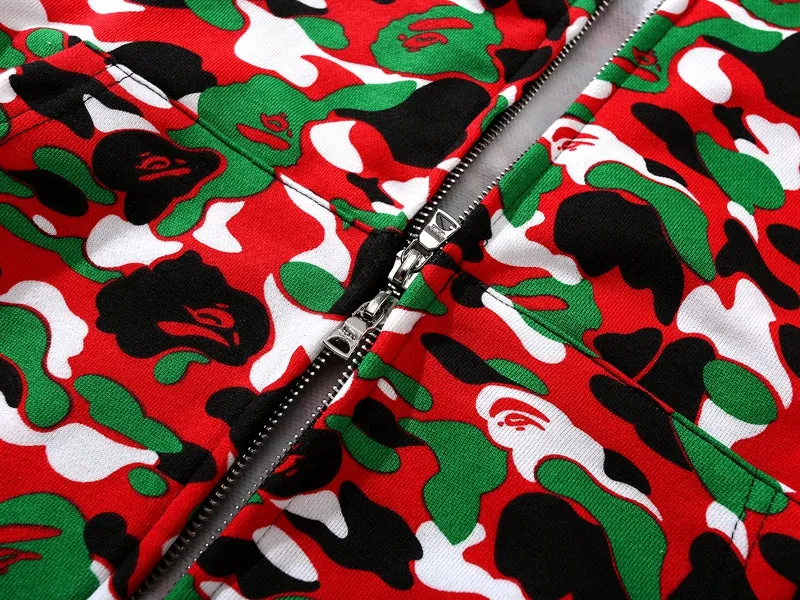 BAPE 1st Camo Shark Full Zip Red and Green Printed Hoodie