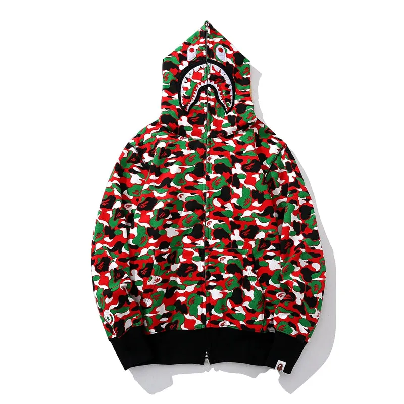 BAPE 1st Camo Shark Full Zip Red and Green Printed Hoodie