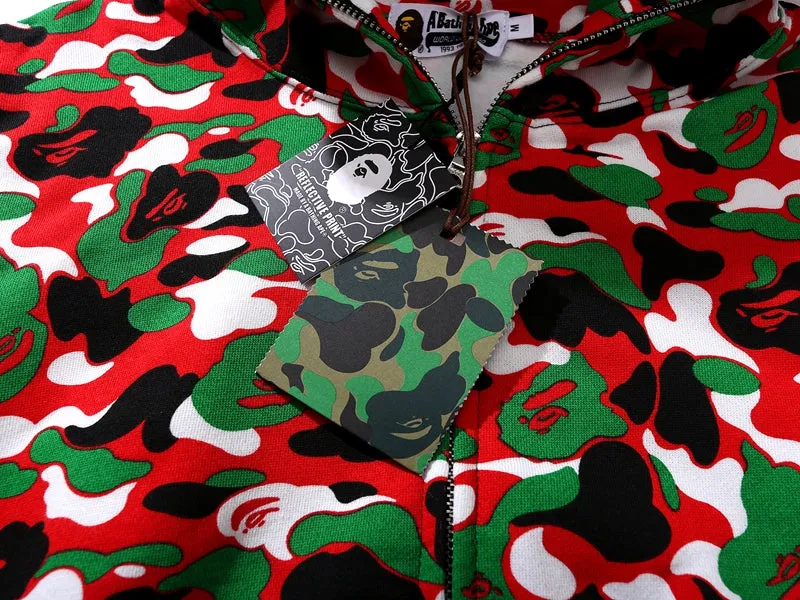 BAPE 1st Camo Shark Full Zip Red and Green Printed Hoodie