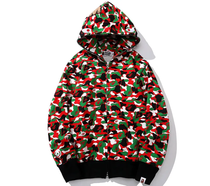 BAPE 1st Camo Shark Full Zip Red and Green Printed Hoodie