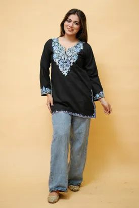 Black Cotton Aari Work Kurti With Multicoloured Neckline Embroider