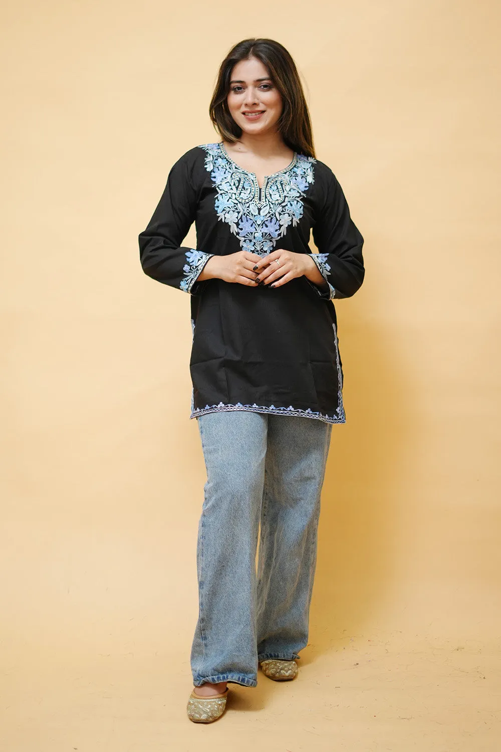 Black Cotton Aari Work Kurti With Multicoloured Neckline Embroider