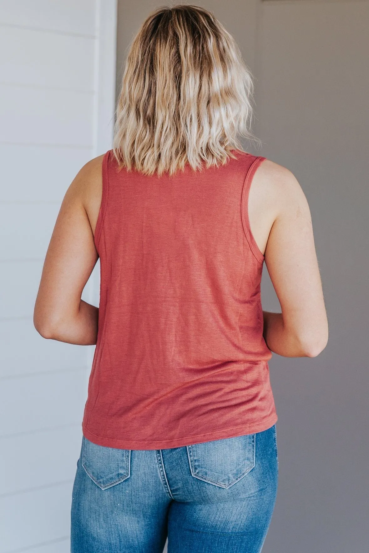 Cozy Late Night Round Neck Sleeveless Tank Top in Terra Cotta