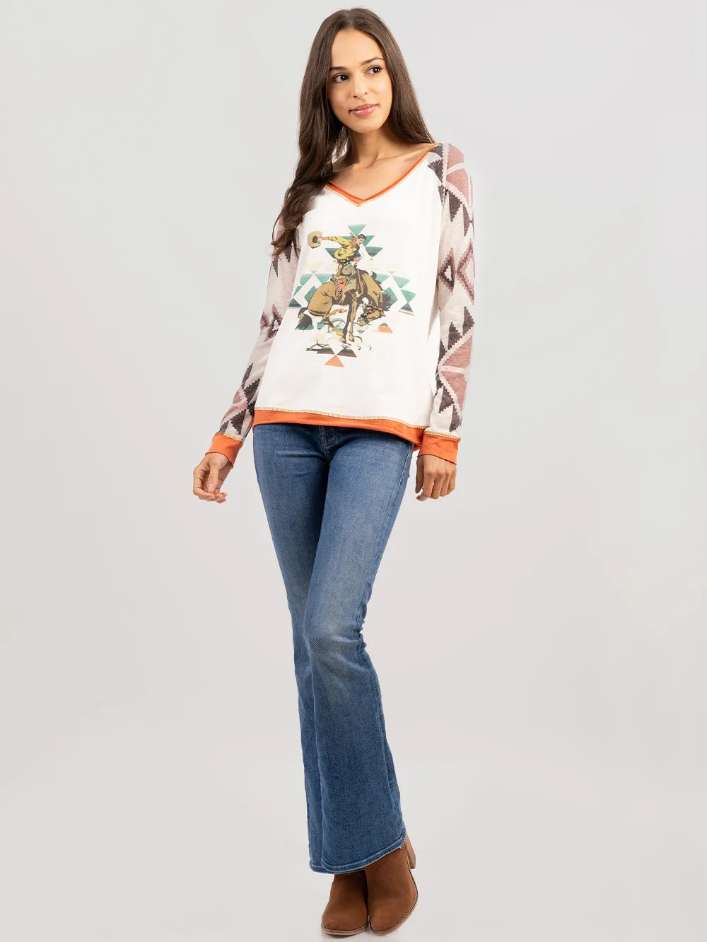 Delila Women Mineral Wash Rodeo Horse Graphic Long Sleeve Shirt