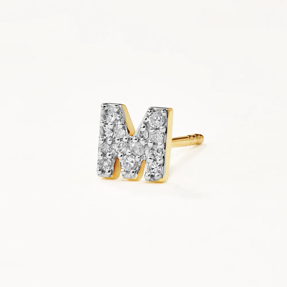 Diamond Letter M Single Stud Earring in 10k Gold