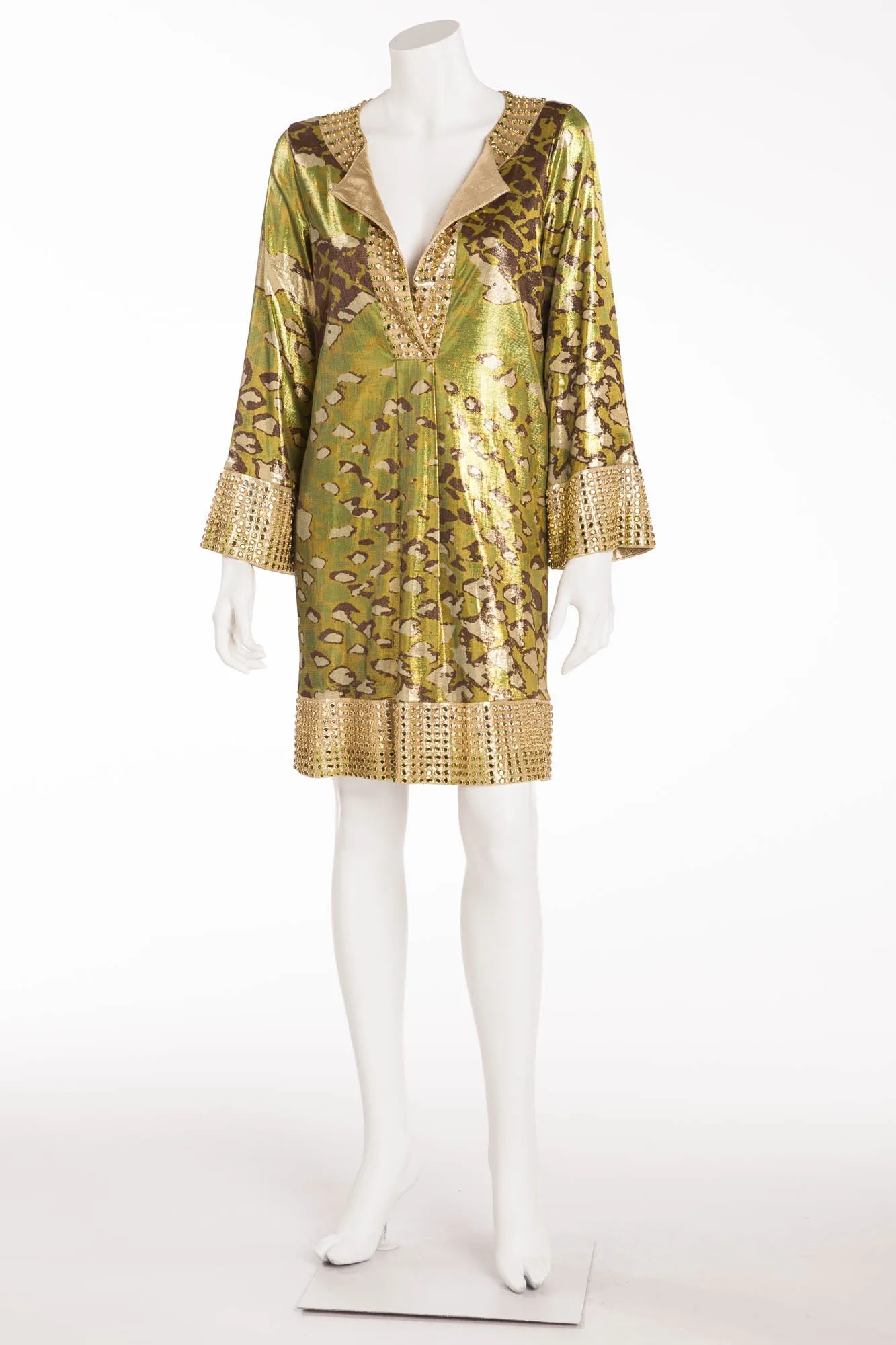 Diane Von Furstenburg - Green Metallic Leopard Green Print Rhinestone Dress  - US 6