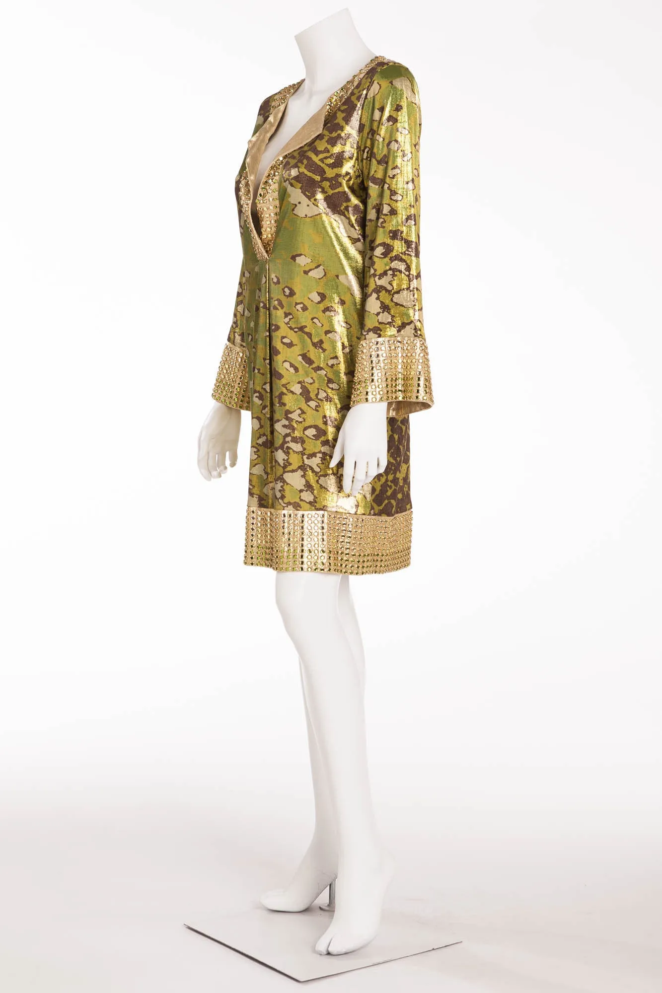 Diane Von Furstenburg - Green Metallic Leopard Green Print Rhinestone Dress  - US 6