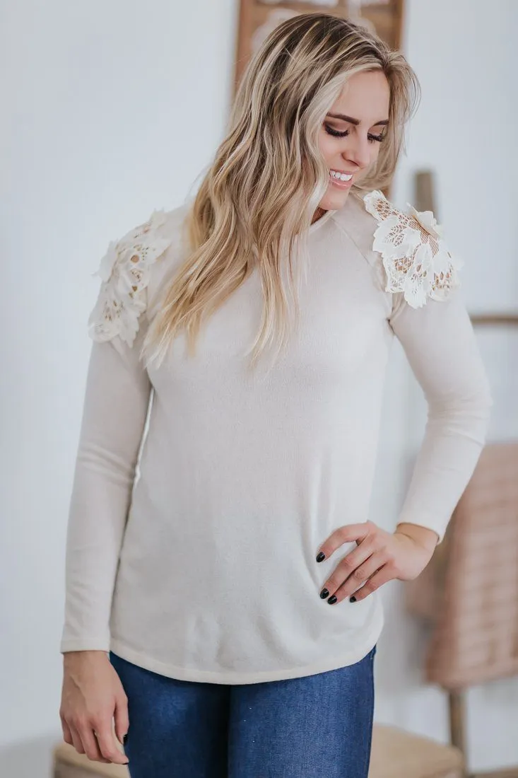 Give Me One Reason Long Sleeve Lace Shoulder Top in Cream
