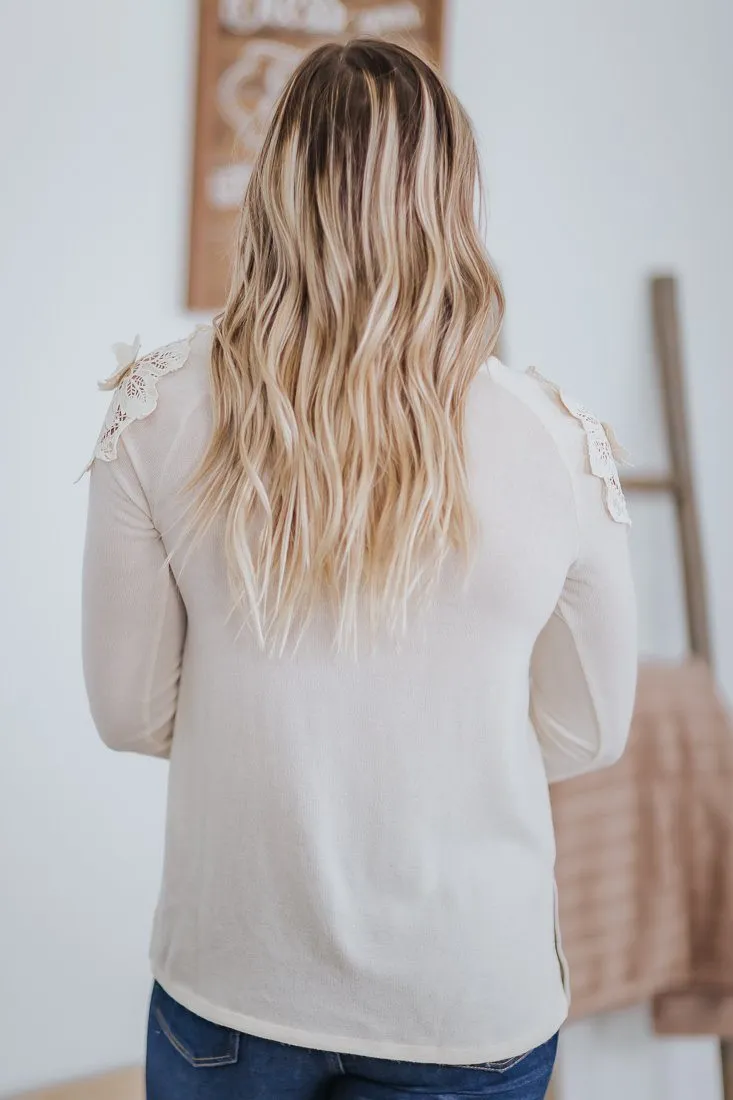 Give Me One Reason Long Sleeve Lace Shoulder Top in Cream