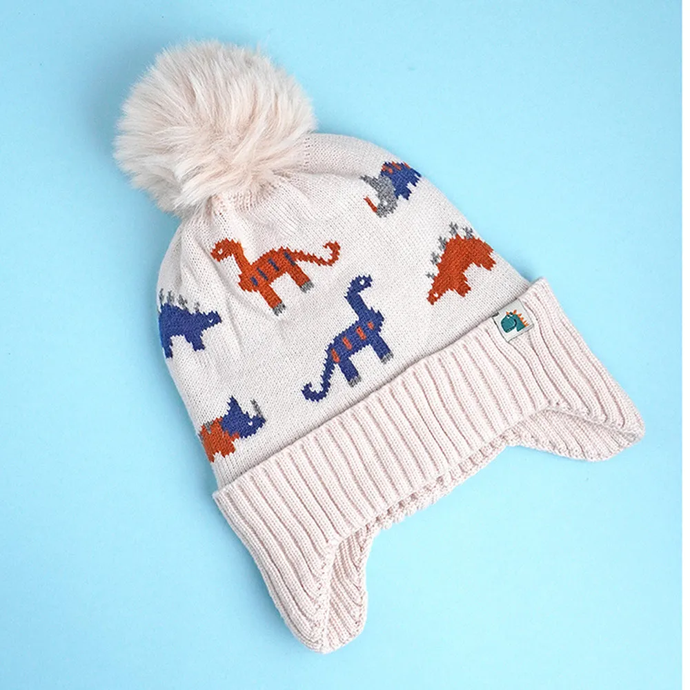 Little Surpise Box 2Pcs Cream Dino Themed Beanie Winter Cap With Matching Neck Cuff Style Muffler For Kids