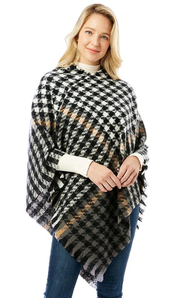 LOF1283 Houndstooth Pattern Poncho w/Fringes