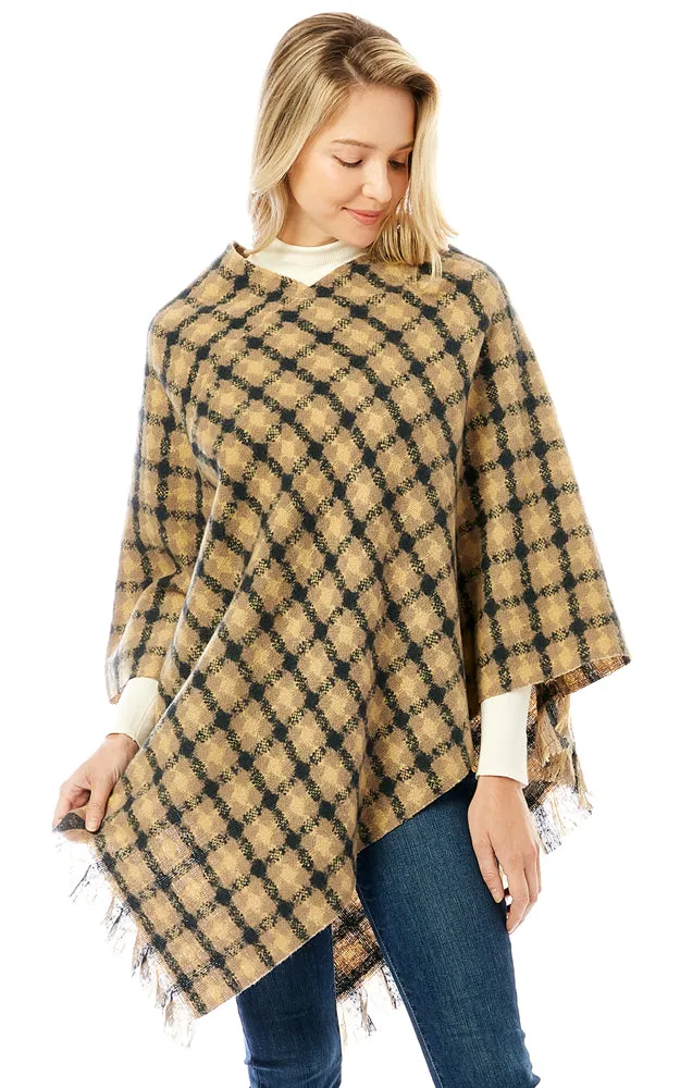LOF1284 Geo Plaid Pattern Poncho w/Fringes