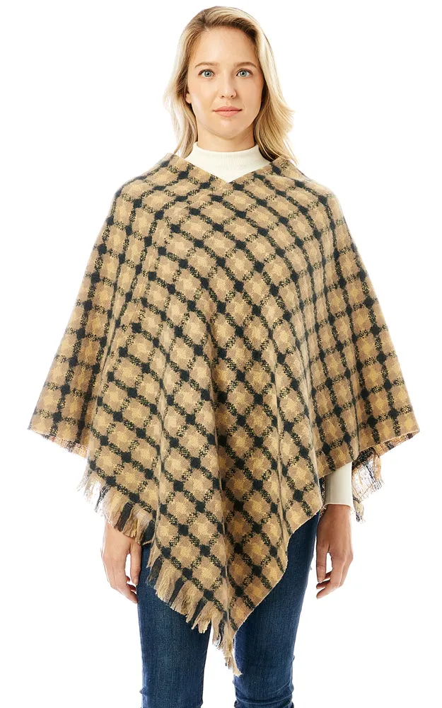 LOF1284 Geo Plaid Pattern Poncho w/Fringes