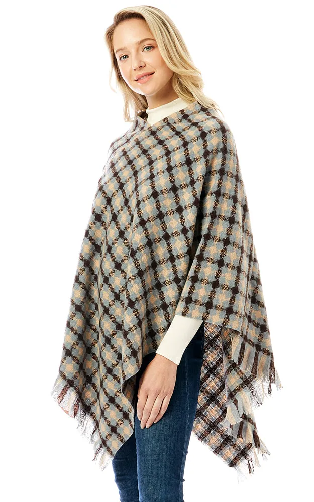 LOF1284 Geo Plaid Pattern Poncho w/Fringes