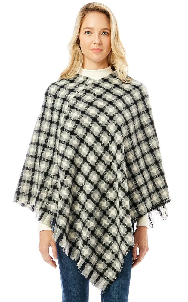 LOF1284 Geo Plaid Pattern Poncho w/Fringes