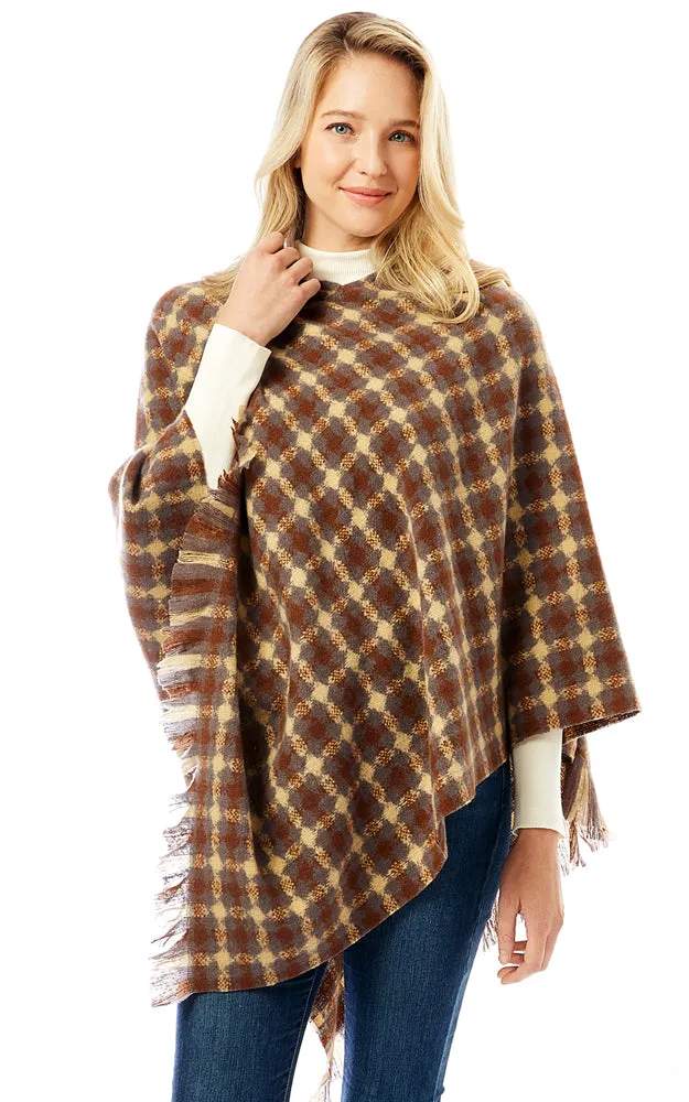 LOF1284 Geo Plaid Pattern Poncho w/Fringes