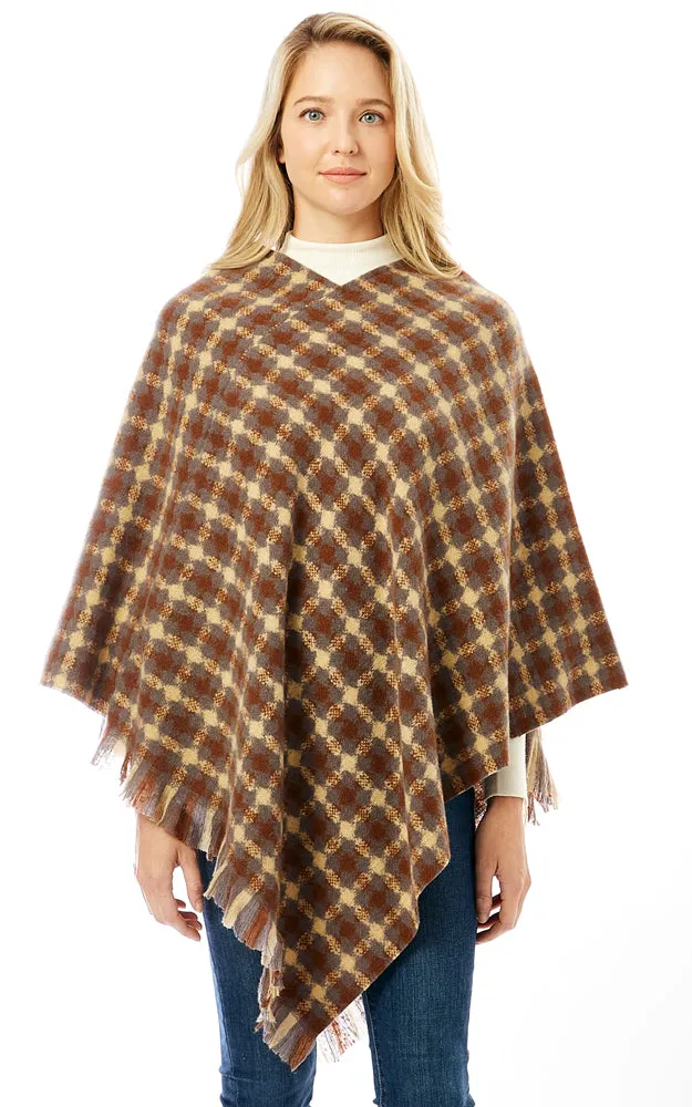 LOF1284 Geo Plaid Pattern Poncho w/Fringes