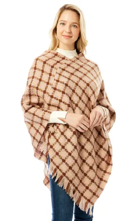LOF1284 Geo Plaid Pattern Poncho w/Fringes