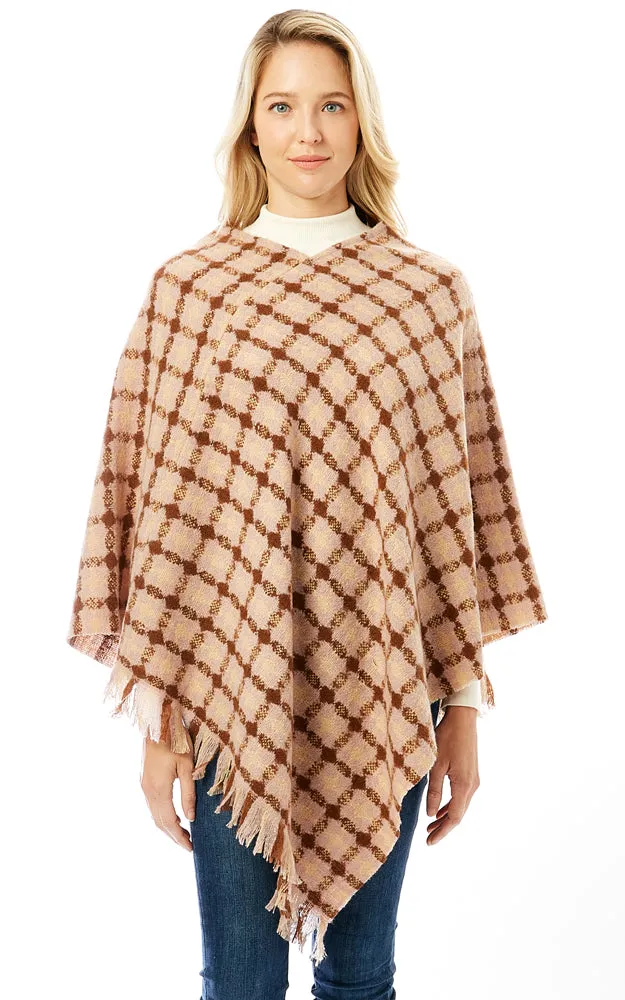 LOF1284 Geo Plaid Pattern Poncho w/Fringes