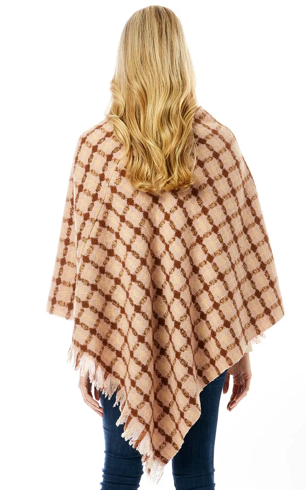 LOF1284 Geo Plaid Pattern Poncho w/Fringes