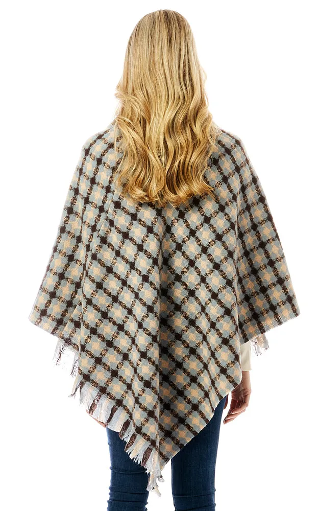 LOF1284 Geo Plaid Pattern Poncho w/Fringes