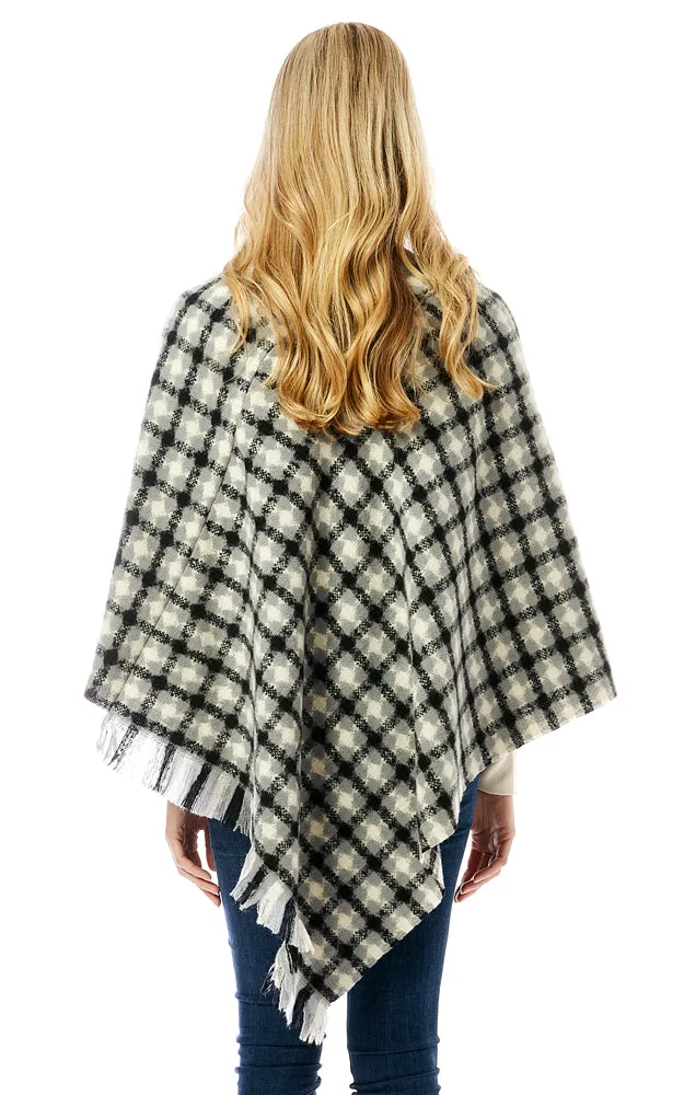 LOF1284 Geo Plaid Pattern Poncho w/Fringes