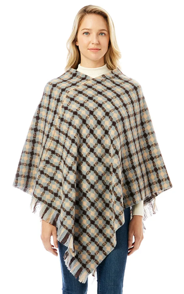 LOF1284 Geo Plaid Pattern Poncho w/Fringes