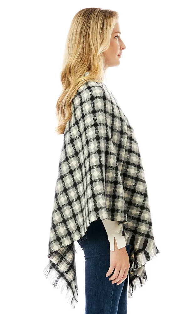 LOF1284 Geo Plaid Pattern Poncho w/Fringes