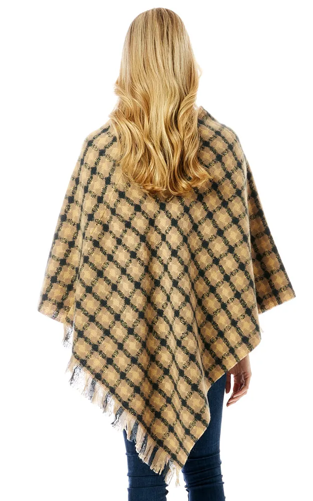 LOF1284 Geo Plaid Pattern Poncho w/Fringes