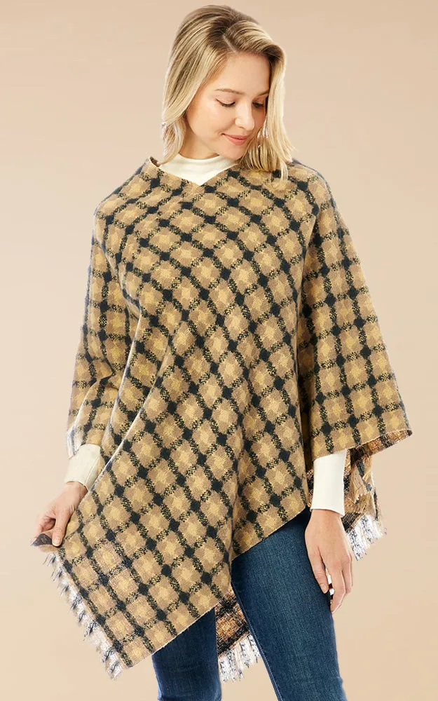 LOF1284 Geo Plaid Pattern Poncho w/Fringes