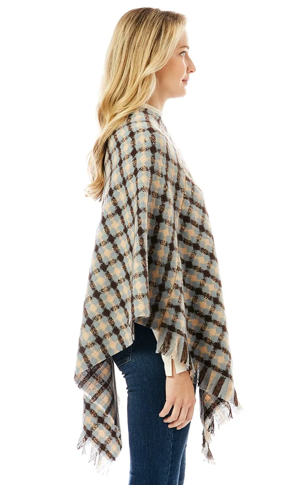 LOF1284 Geo Plaid Pattern Poncho w/Fringes