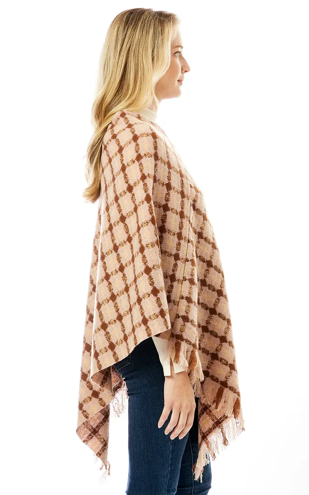 LOF1284 Geo Plaid Pattern Poncho w/Fringes