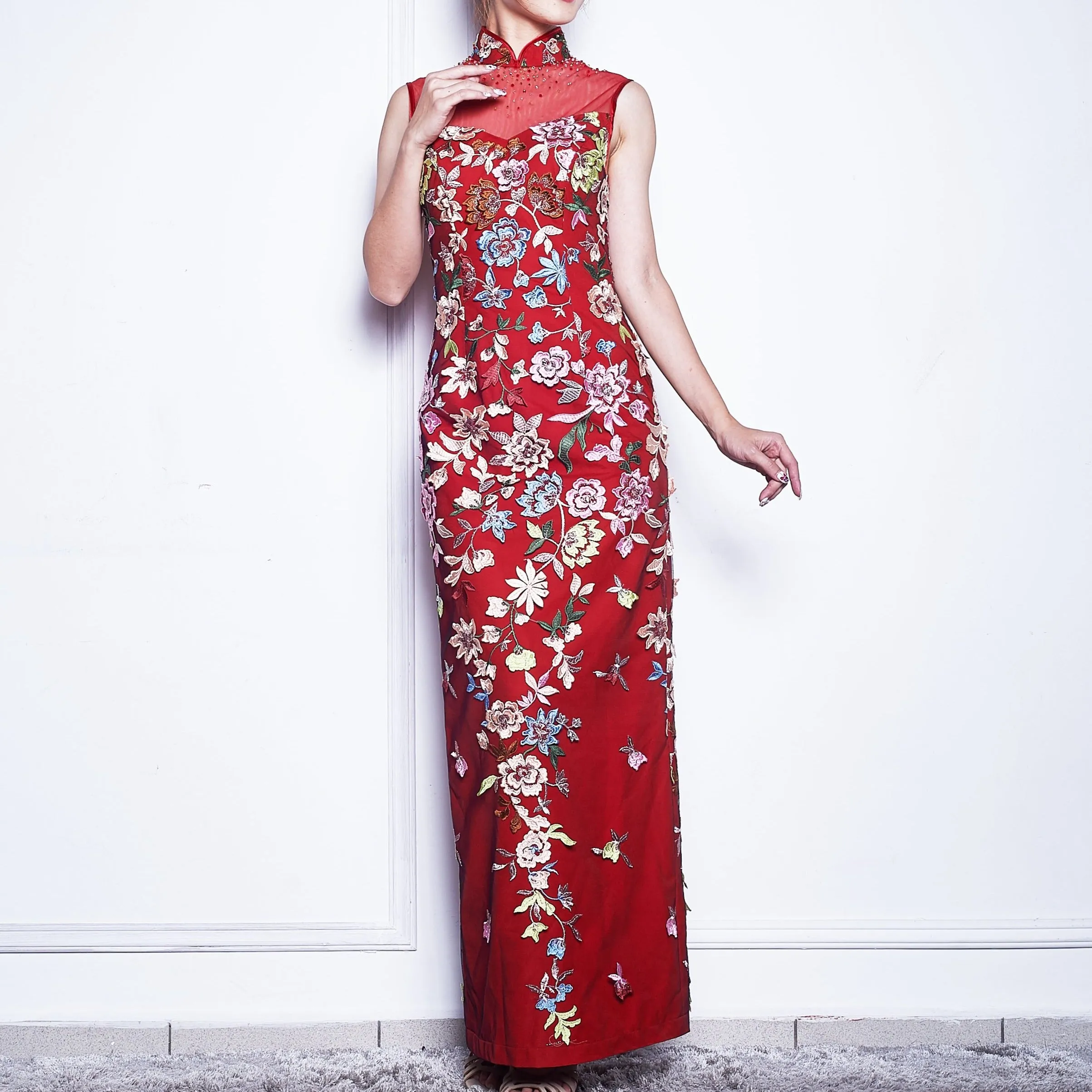 Long Embroidered Beaded Qipao