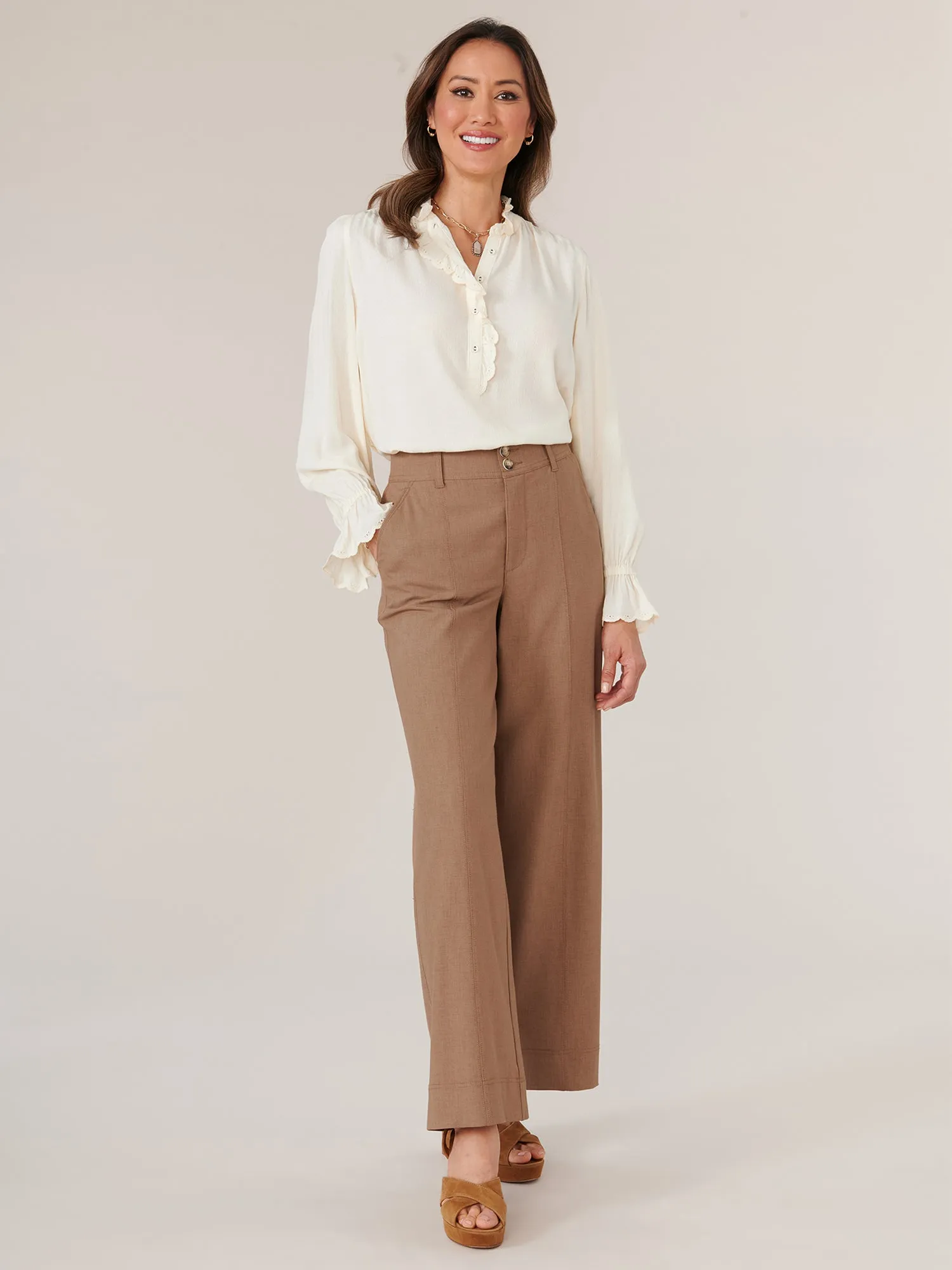 Long Flounce Sleeve Half Button Ruffle Cacade Placket Stand Collar Woven Top