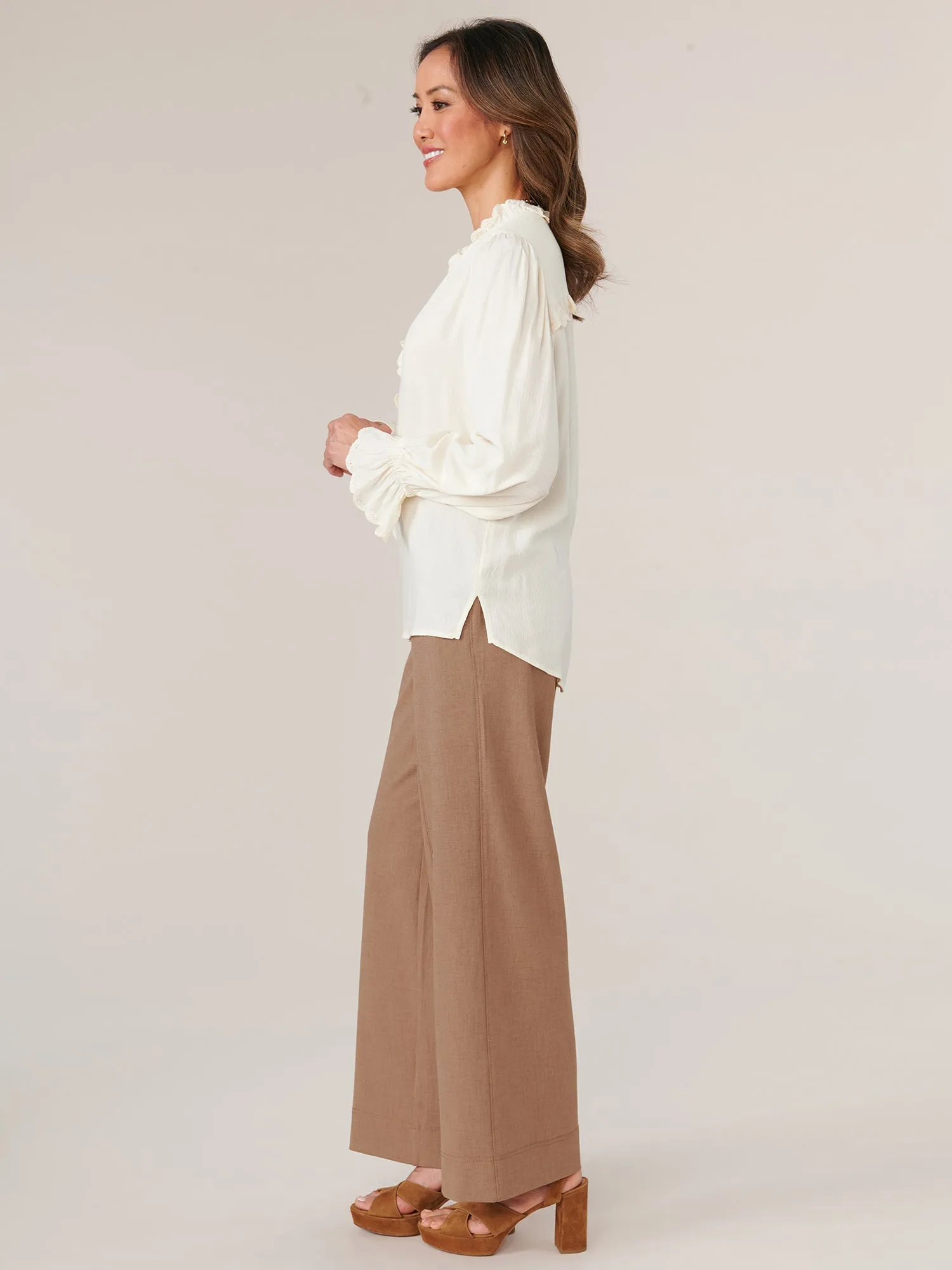 Long Flounce Sleeve Half Button Ruffle Cacade Placket Stand Collar Woven Top