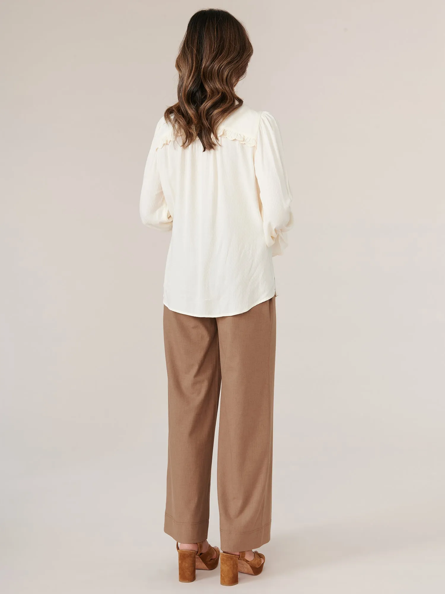 Long Flounce Sleeve Half Button Ruffle Cacade Placket Stand Collar Woven Top