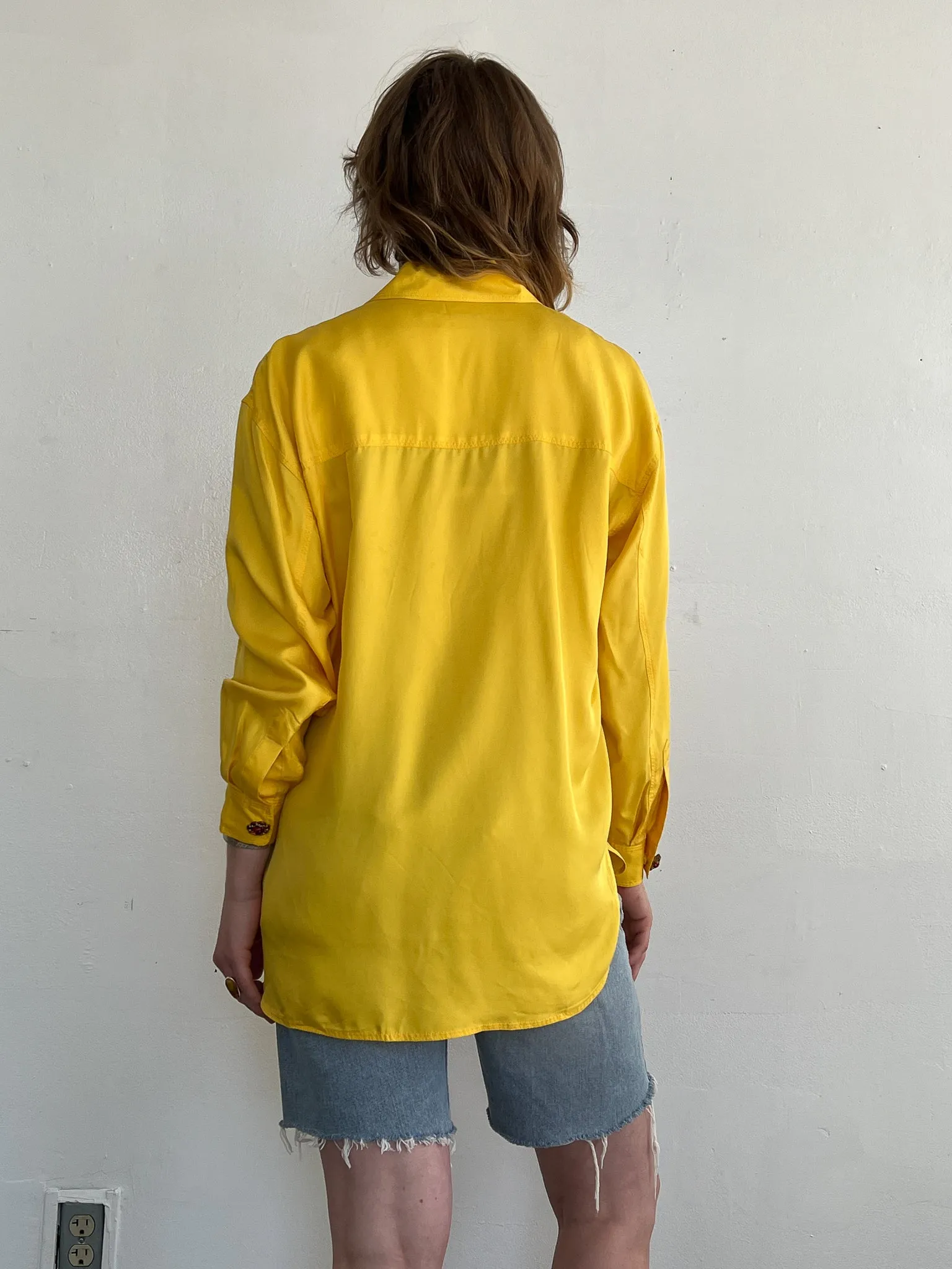 Primary Yellow Silk Gem Button Top (S/M)