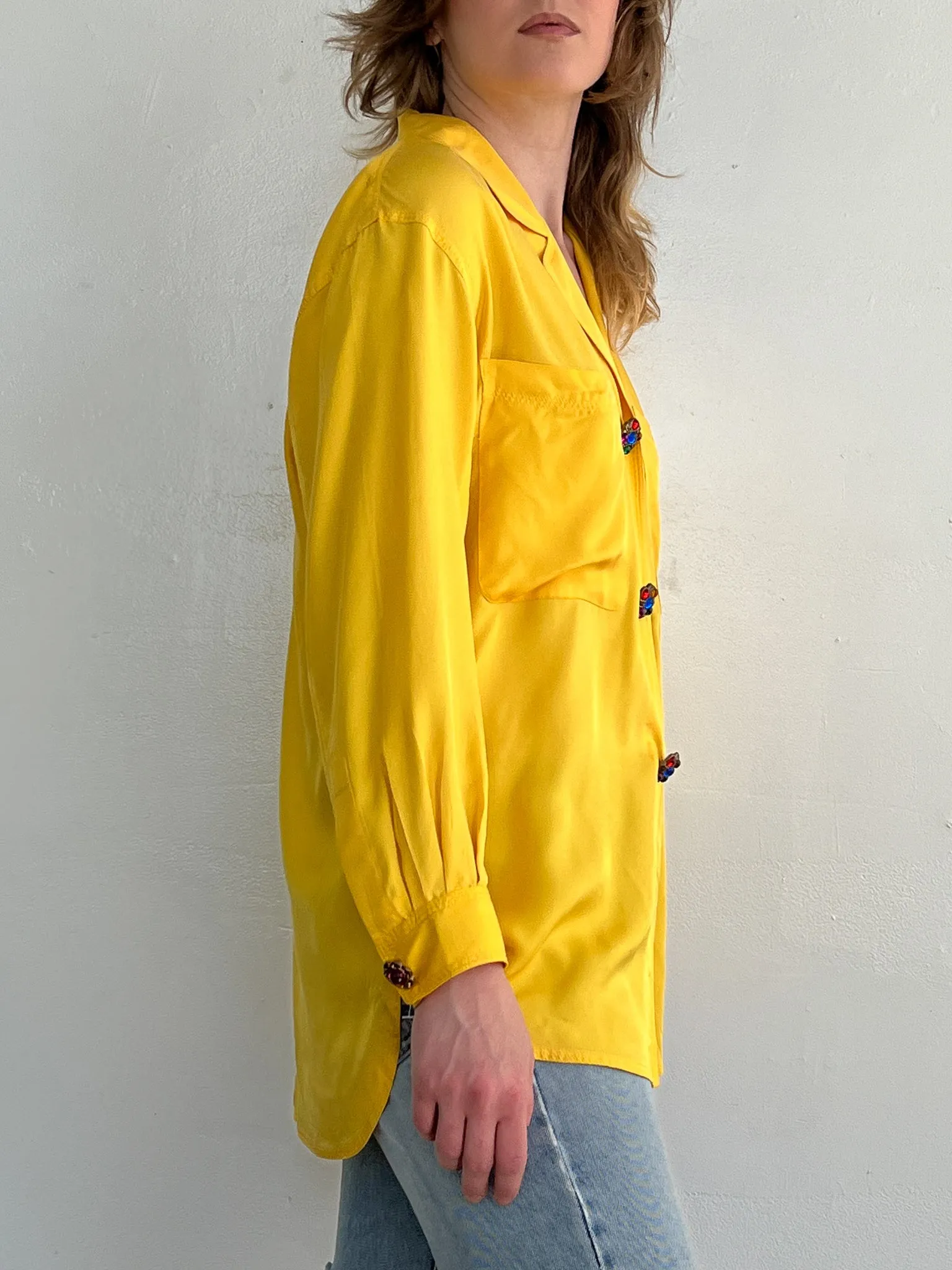 Primary Yellow Silk Gem Button Top (S/M)
