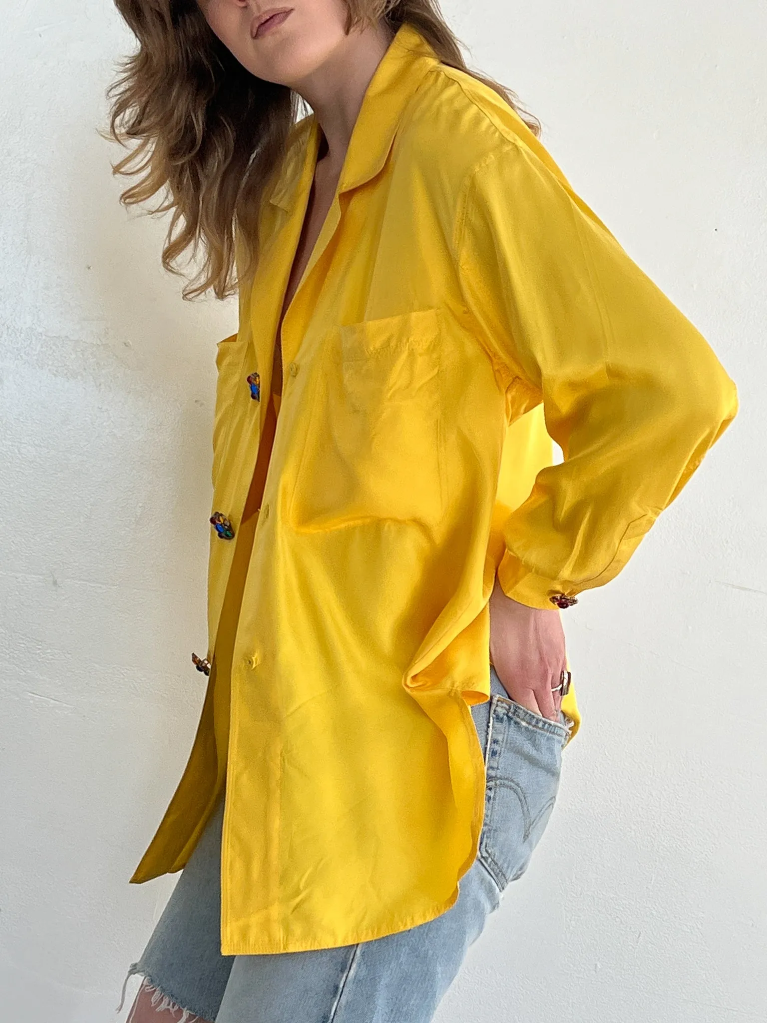 Primary Yellow Silk Gem Button Top (S/M)