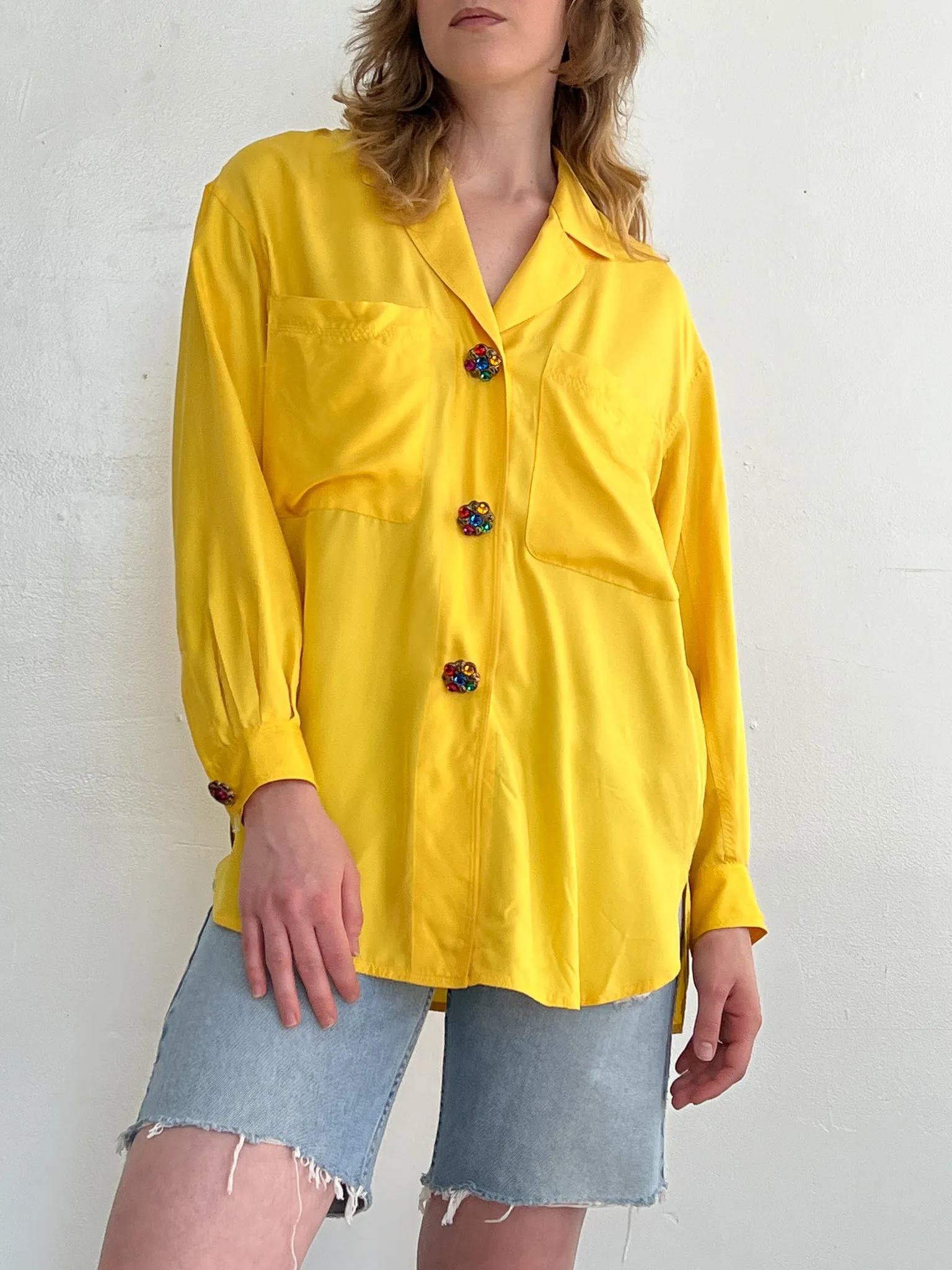 Primary Yellow Silk Gem Button Top (S/M)