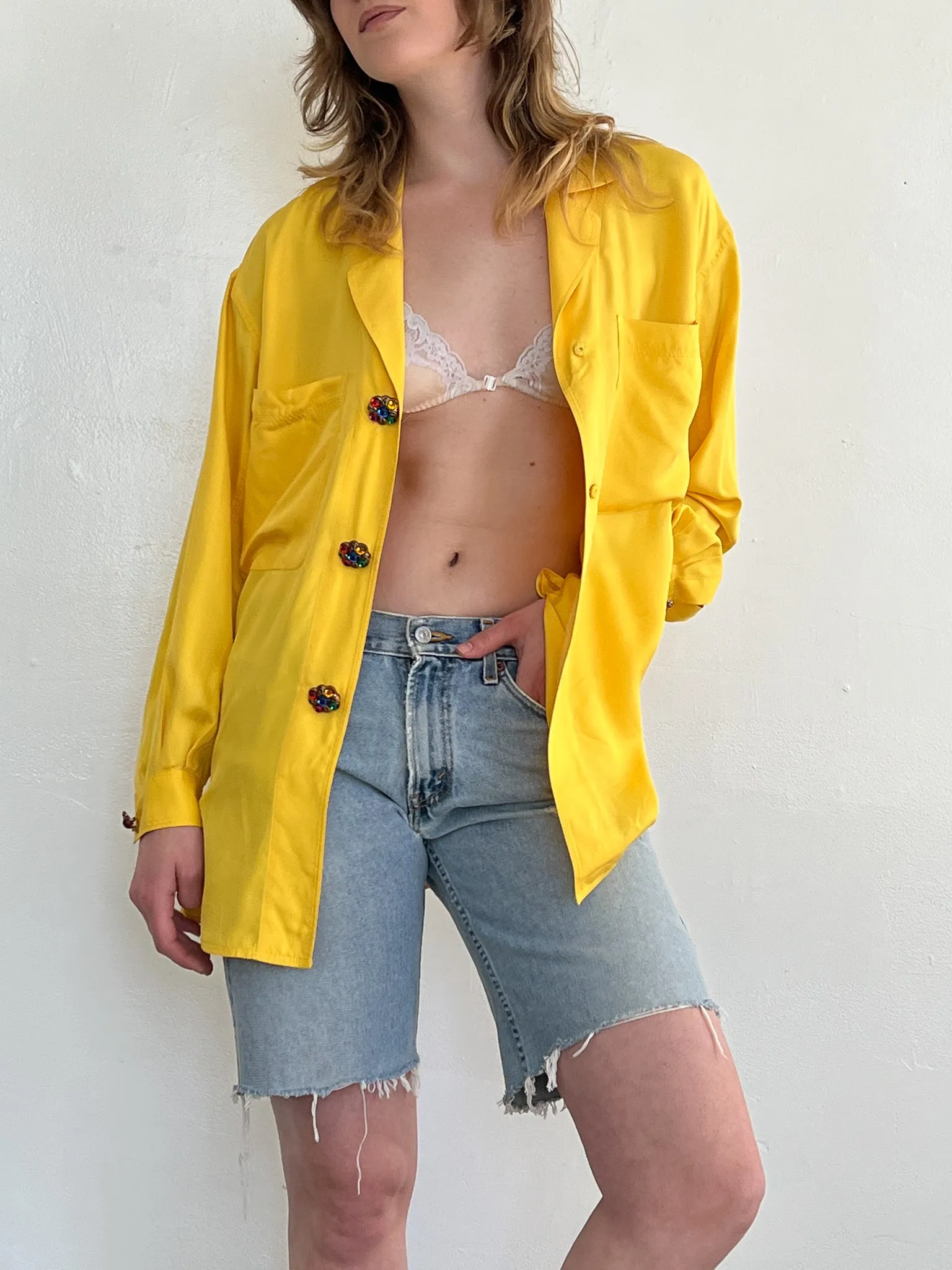 Primary Yellow Silk Gem Button Top (S/M)