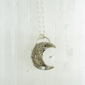 Sterling Silver Crescent Moon Necklace with Opal and Tourmaline Gemstone