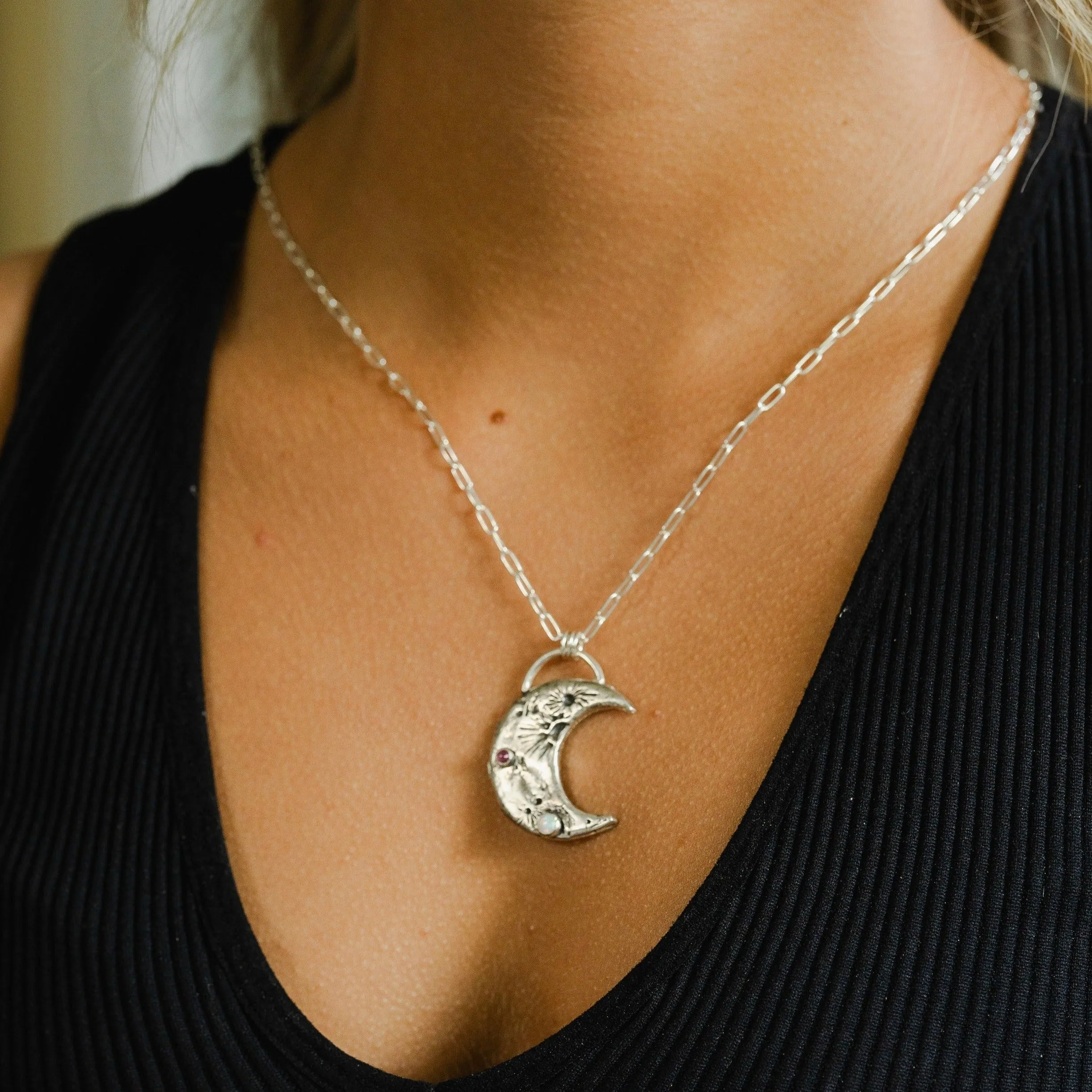 Sterling Silver Crescent Moon Necklace with Opal and Tourmaline Gemstone