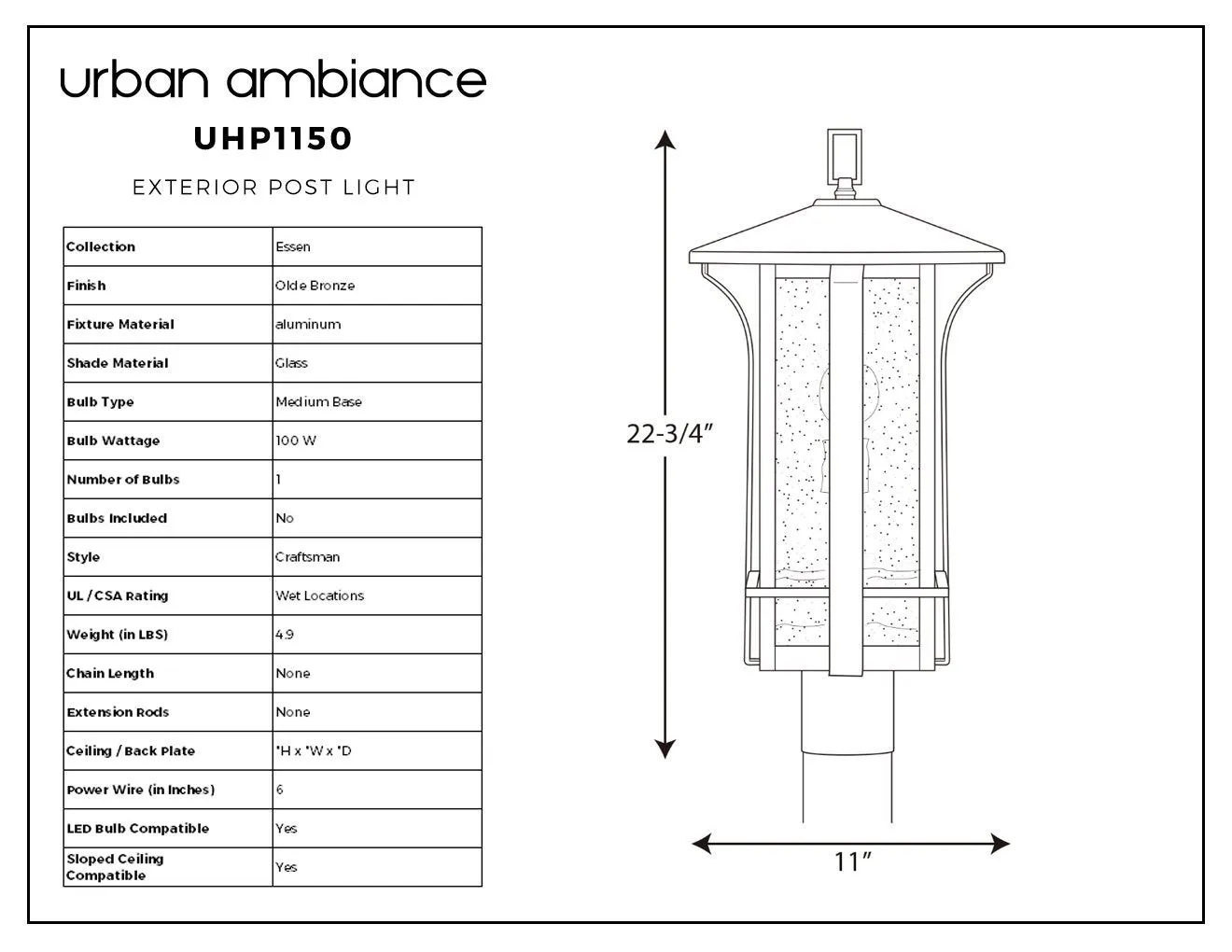 UHP1150 Craftsman Outdoor Post / Pier Light, 22-3/4" x 11", Olde Bronze Finish, Essen Collection