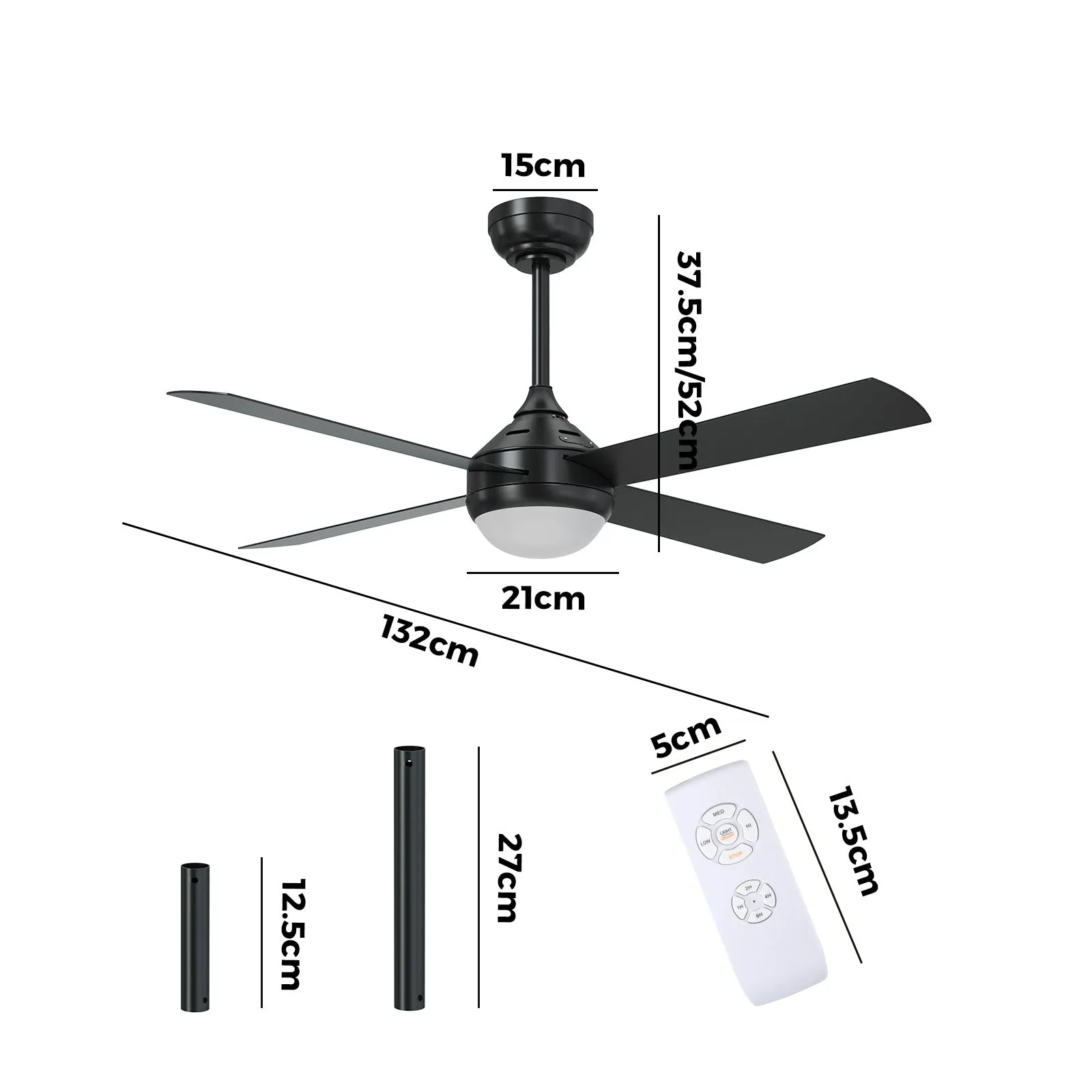 Vevare 52'' Ceiling Fan AC Motor With Light Remote Control Fans 4 Blades Black